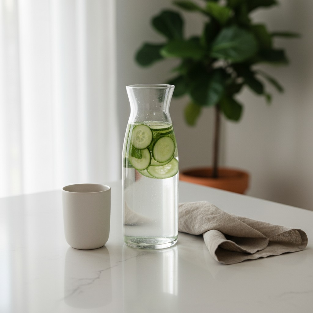 This is an image of a tall carafe and a holding cup for cucumber water with mint leaves on a marbled countertop, with a sm...