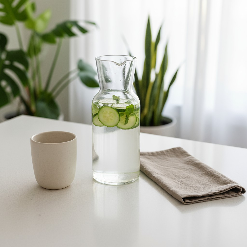 Large bottle of infused water with cucumber slices, lemon slices, mint leaves and ice cubes, alongside a beige cup and a b...