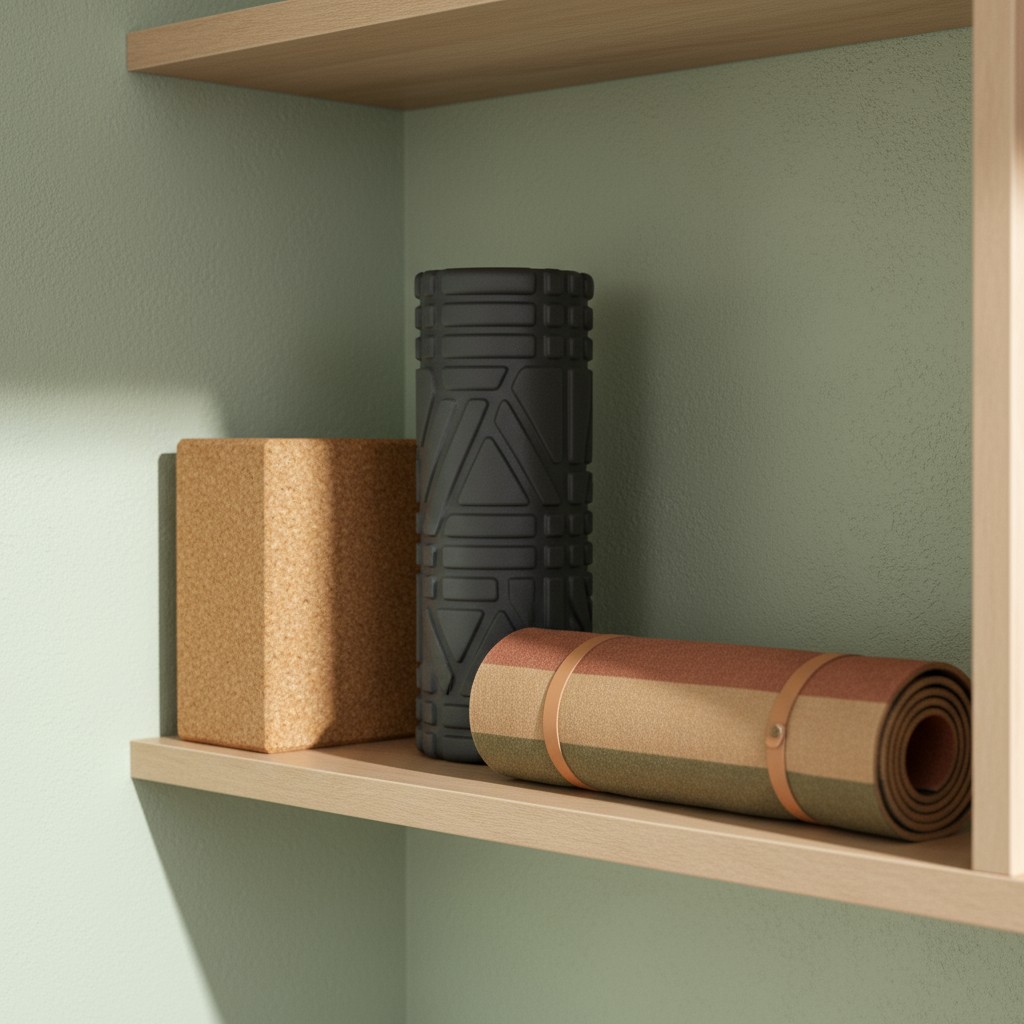 Yoga equipment on shelf, beige cork block and yoga mat rolls, black foam roller.