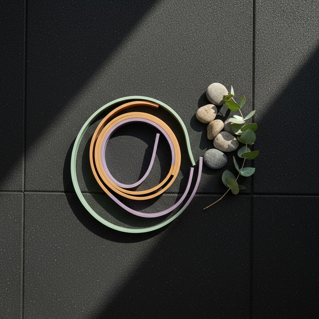 Three elastic bands of varying colors and a few smooth rocks are arranged in a curved formation on the floor.