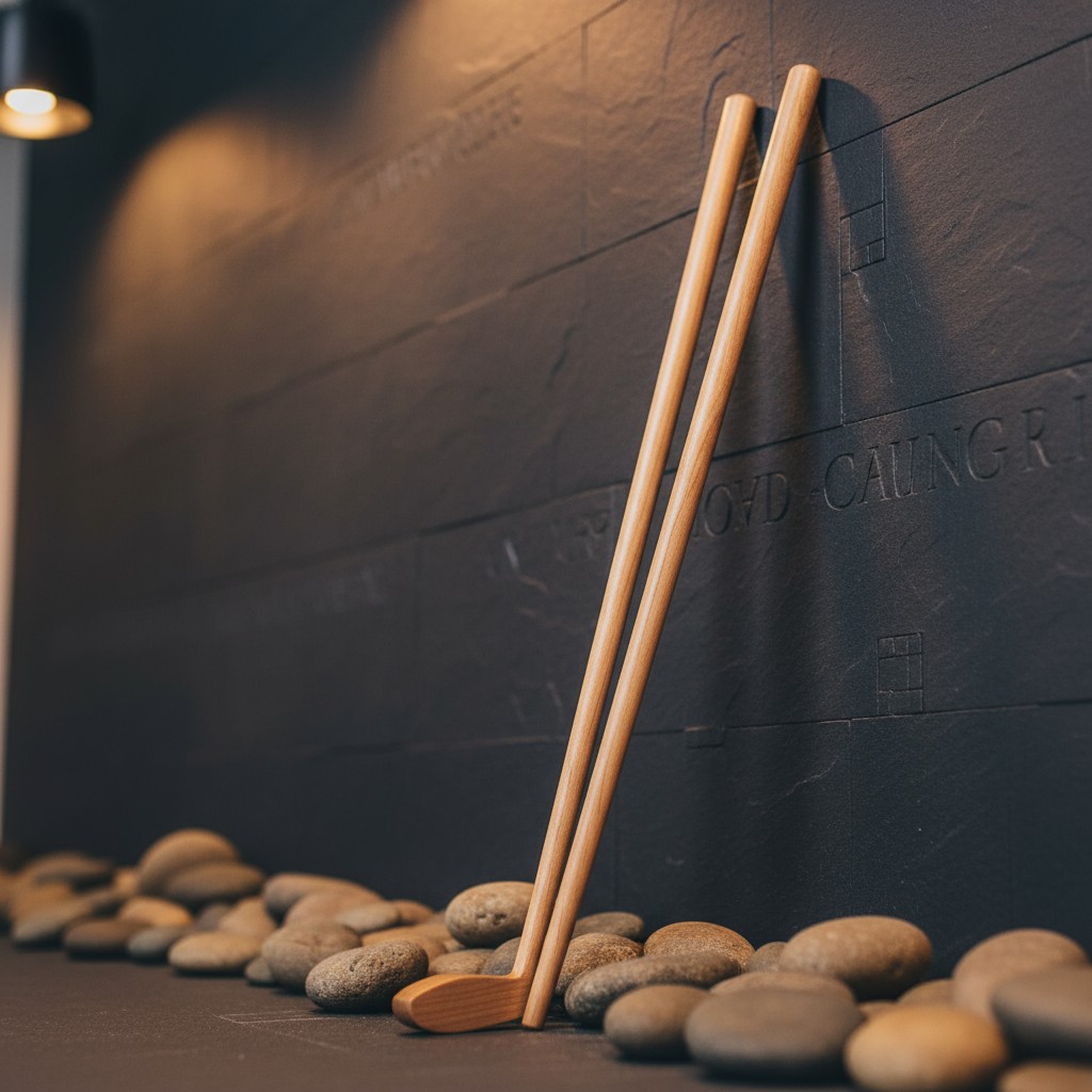 A light wooden object, resembling a shovel, leans against a dark wall. The shovel, resting at an angle, features long, thi...